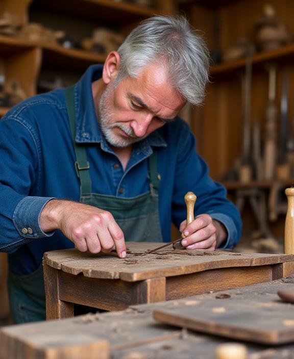 Un artigiano di Scarabeo Ripara che lavora con cura su una sedia di legno antica.