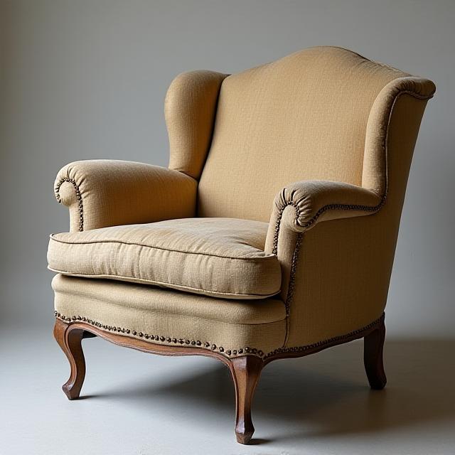 Poltrona Bergère prima del restauro, con tessuto sbiadito e legno usurato.